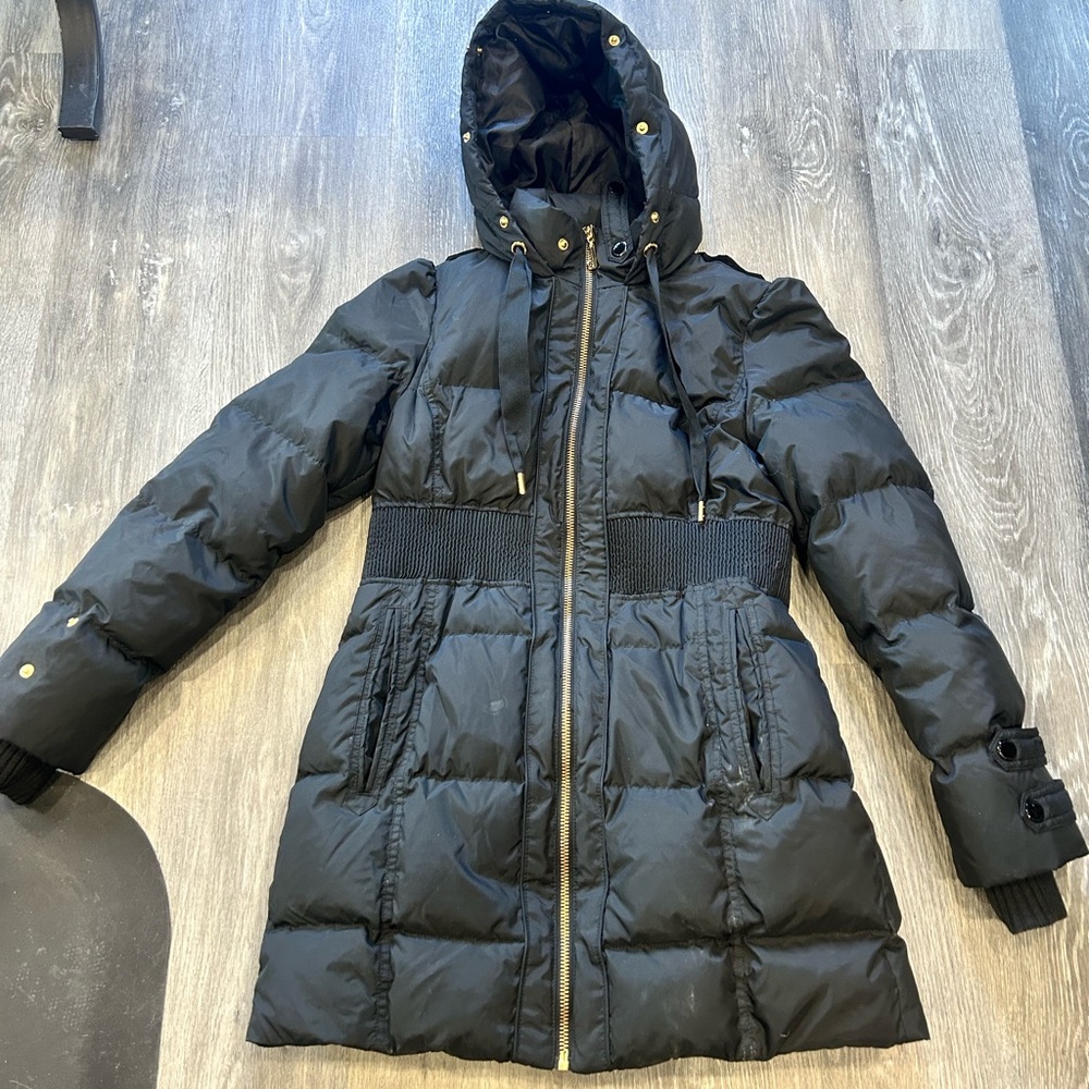 Juicy Couture Black Puffer Coat with Gold Accents